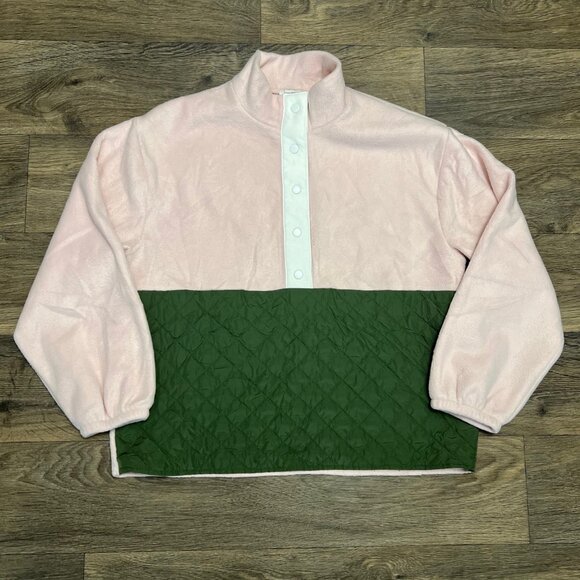 J. Crew Quilted Sherpa Half-Zip Fleece Pullover Sweater Pink Green Size Large - Picture 5 of 8